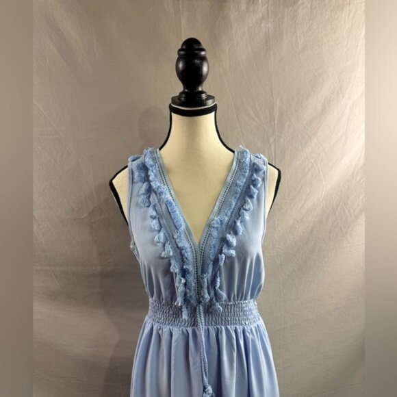 Tassel Shirred Sleeveless Asymmetrical Midi Dress Blue - Picture 6 of 8